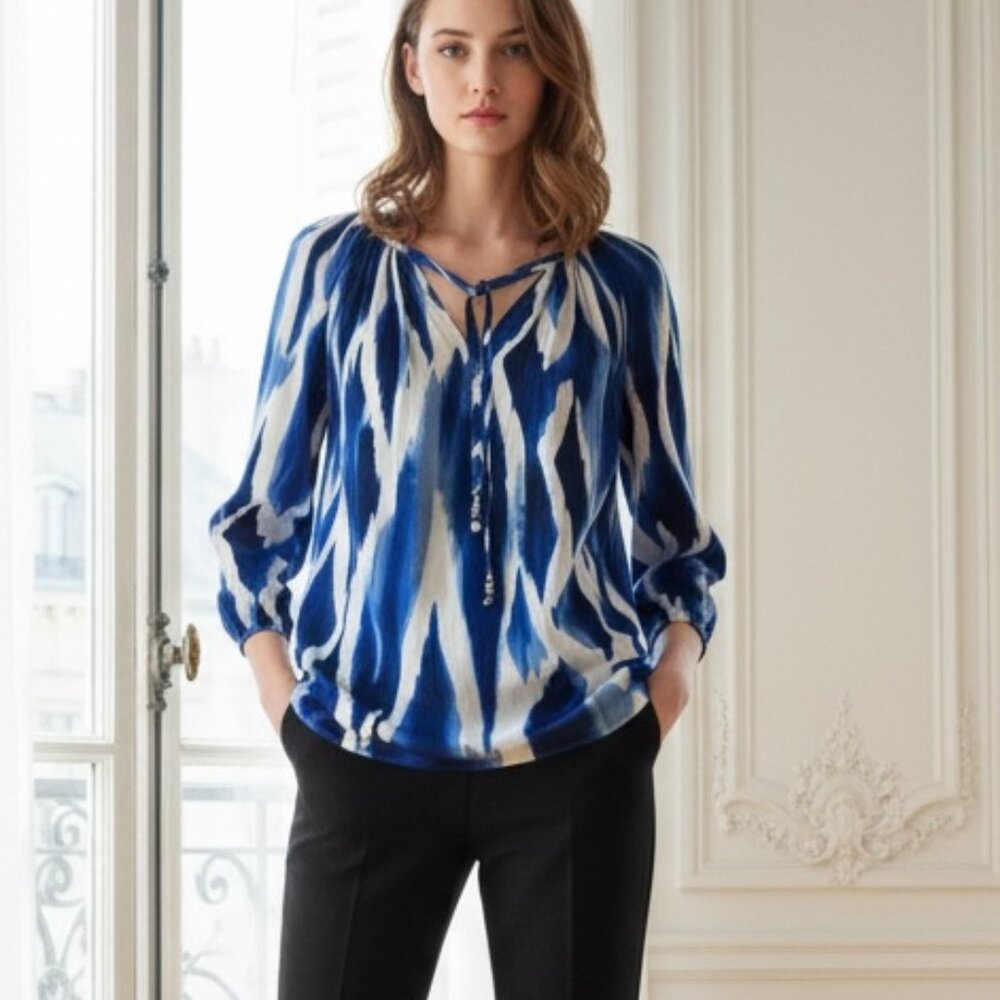 Chico's Blue and White Tie-Neck Printed Blouse